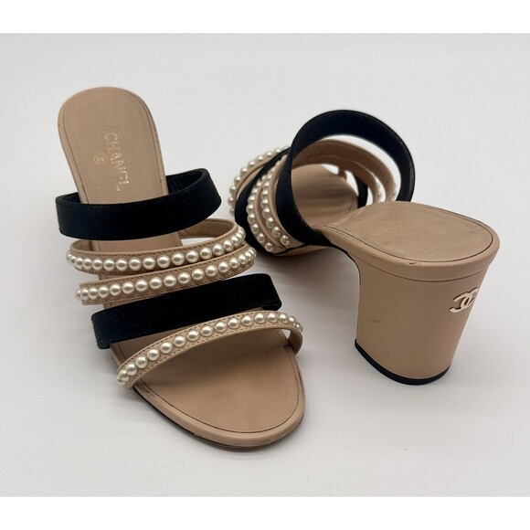 Chanel Pearl Straps Heeled Sandals Leather with Faux Pearls Neutral EU 37 US 6.5 - Picture 1 of 11